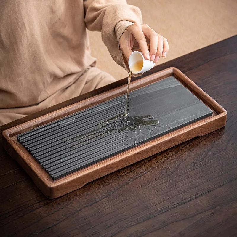 Walnut tea table Tea sea Chinese set Solid wood tray Household simple modern light luxury tray Wujinshi drainage
