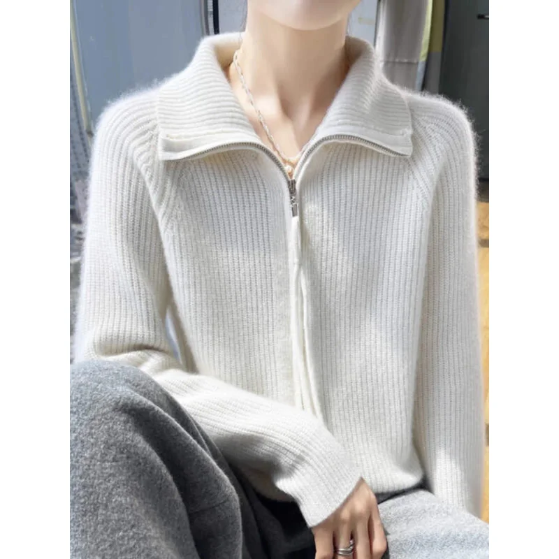 

Женский свитер 2025, кардиганы на молнии, осень-зима, толстый теплый отложной воротник, модные однотонные корейские вязаные кардиганы, джемпер