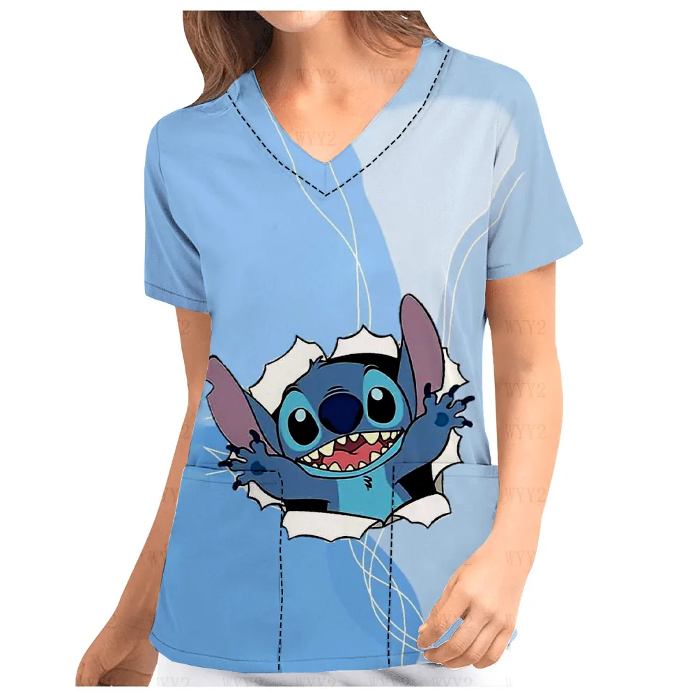 Nursing Accessories Dental Clinic Beauty Salon Work Clothes Disney Stitch Cute Print Women's V-Neck Print Scrub Top