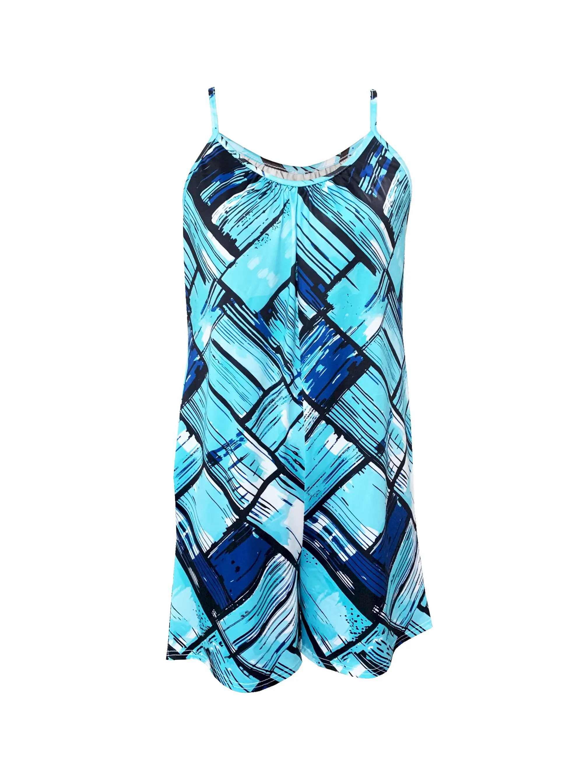 Blue Geometric Print Sleeveless Jumpsuit Vacation outfits woman - Image 5