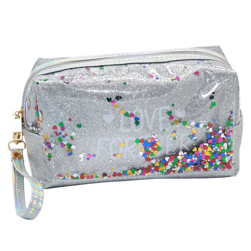 Glittering Colorful letters print Toiletry makeup bag sequins splicing PVC quicksand waterproof colorful travel bag