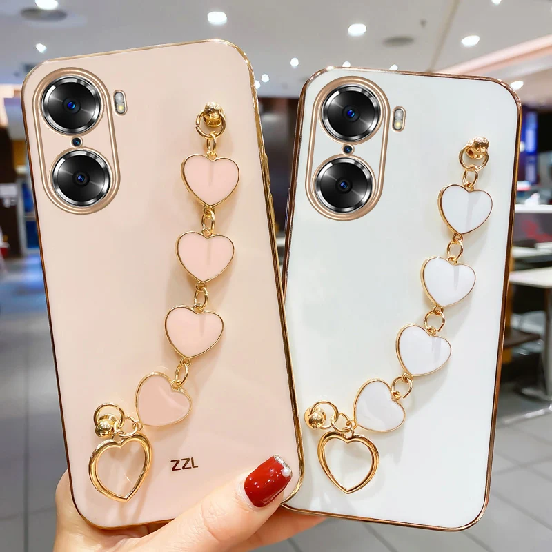 Luxury Fashion Plating Love Heart Bracelet Chain Case For Huawei Honor X7 X8 70 50 10 Lite Pro 9X Y7A Y9S Wrist Band Back Cover