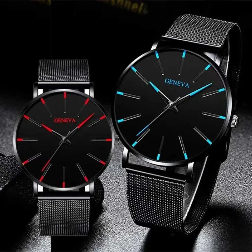 Luxury Classic Black Mens Wristwatch Alloy Mesh Belt Stainless Steel Mesh Quartz Watch Blue Pointer Business Watch Leisure Time