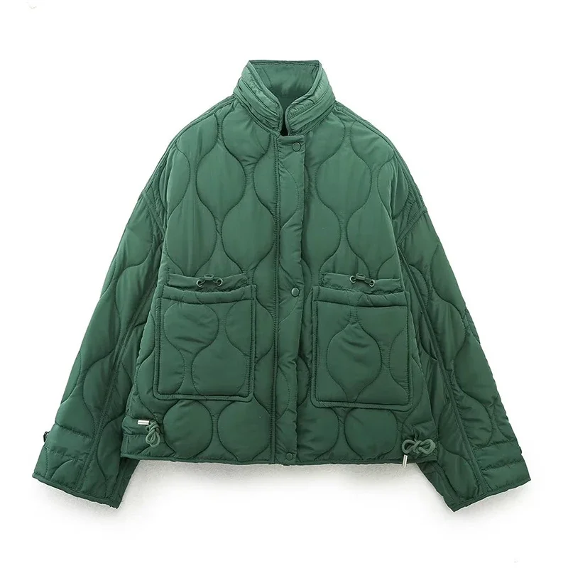 New Autumn Women Quilted Jacket Long Sleeve Pockets Female Vintage Oversize Coat