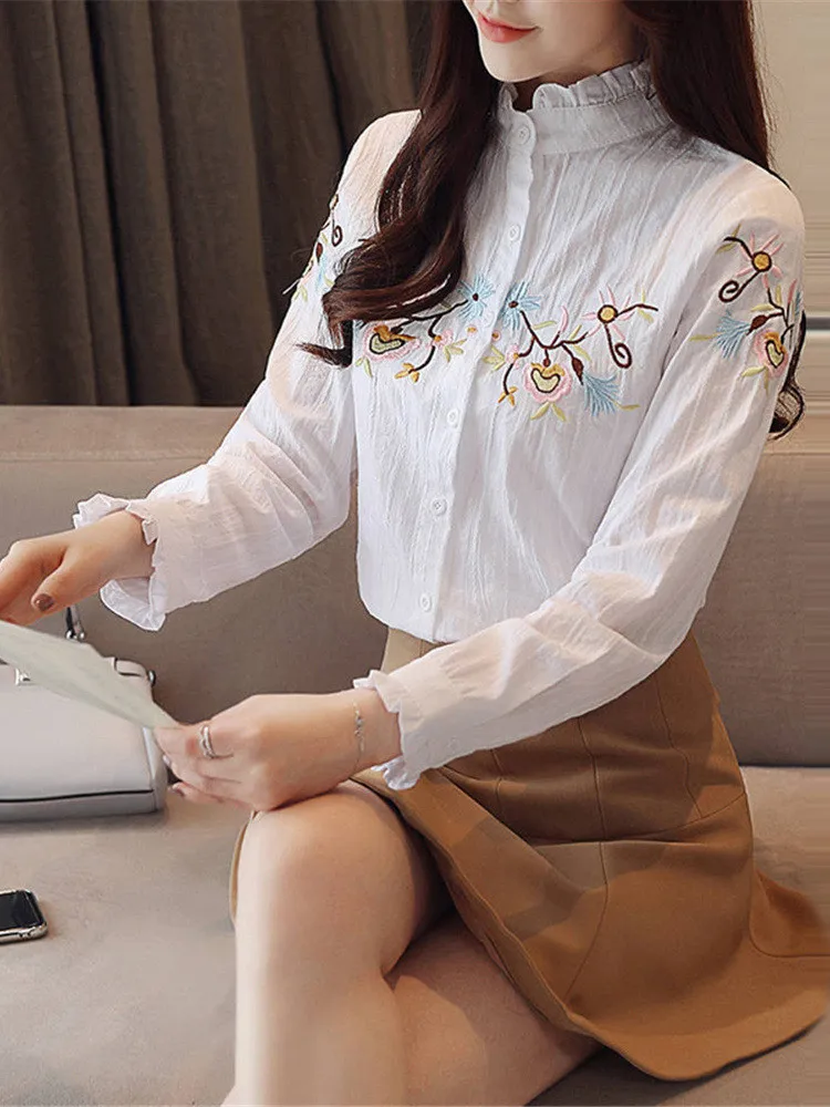 Vintage Floral Embroidered Cotton Button Up Shirt for Women Autumn Korean Elegant Casual Long Sleeve Slim Office Lady Blouse Top