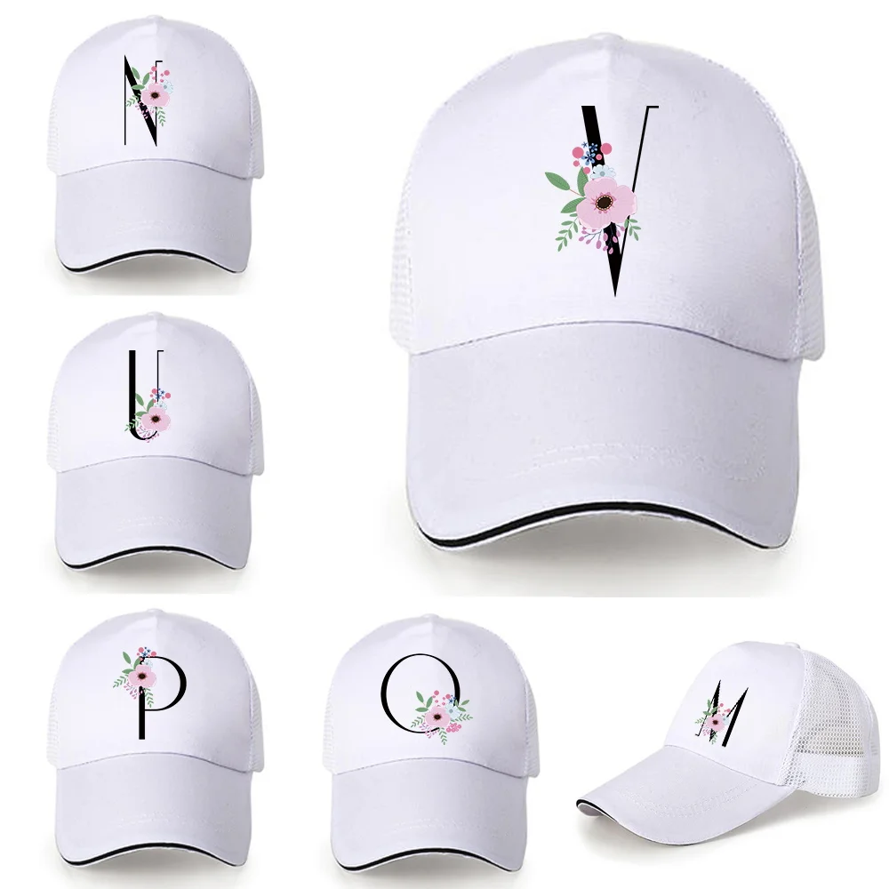 Baseball Fitted Cap Dad Hat Snapback Mesh Cap Trucker Mesh Cap Flower and Blackletter Print Adjustable Cotton Back Buckle Hat