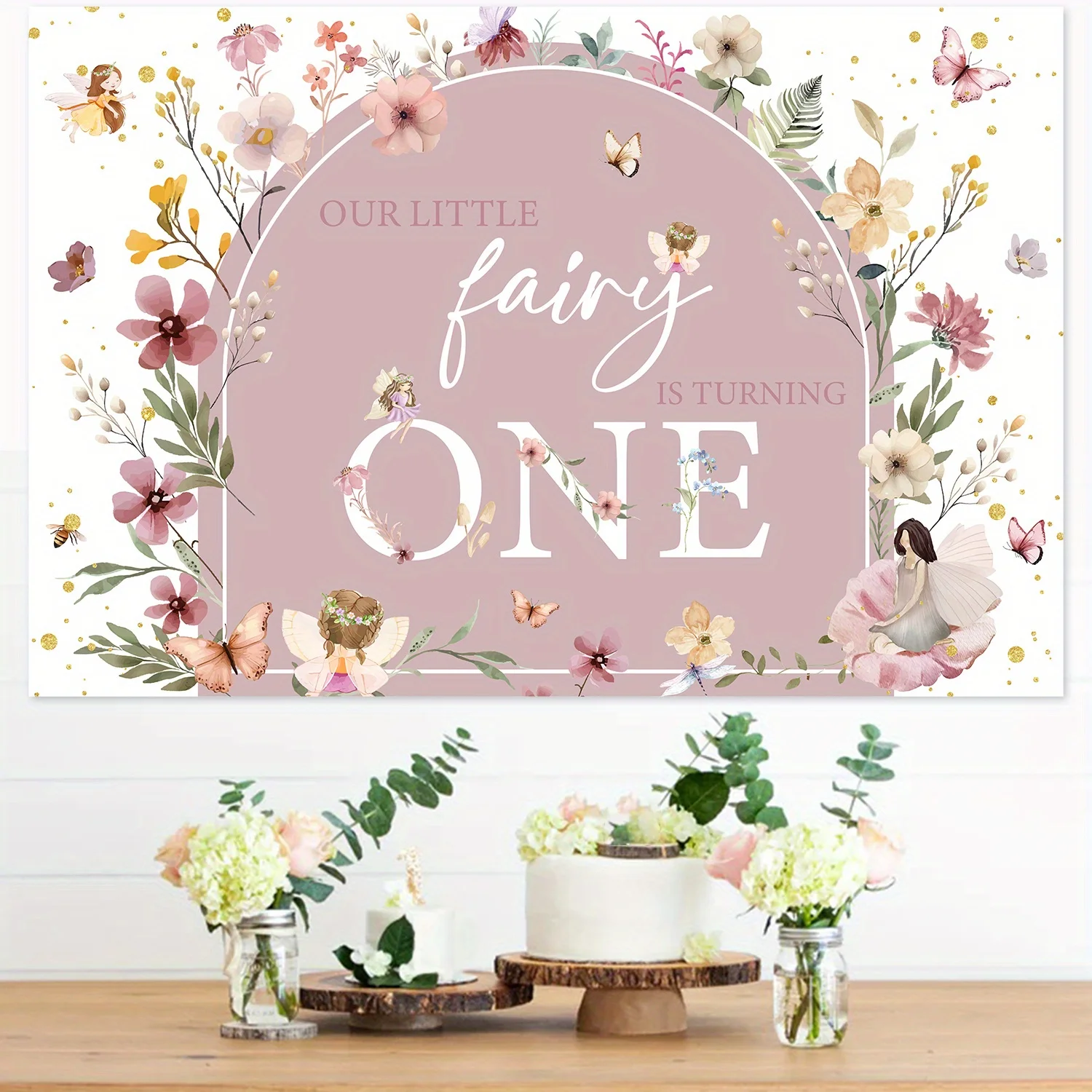 Fairy First Birthday Celebration Background cloth - Bohemian butterfly and floral pattern