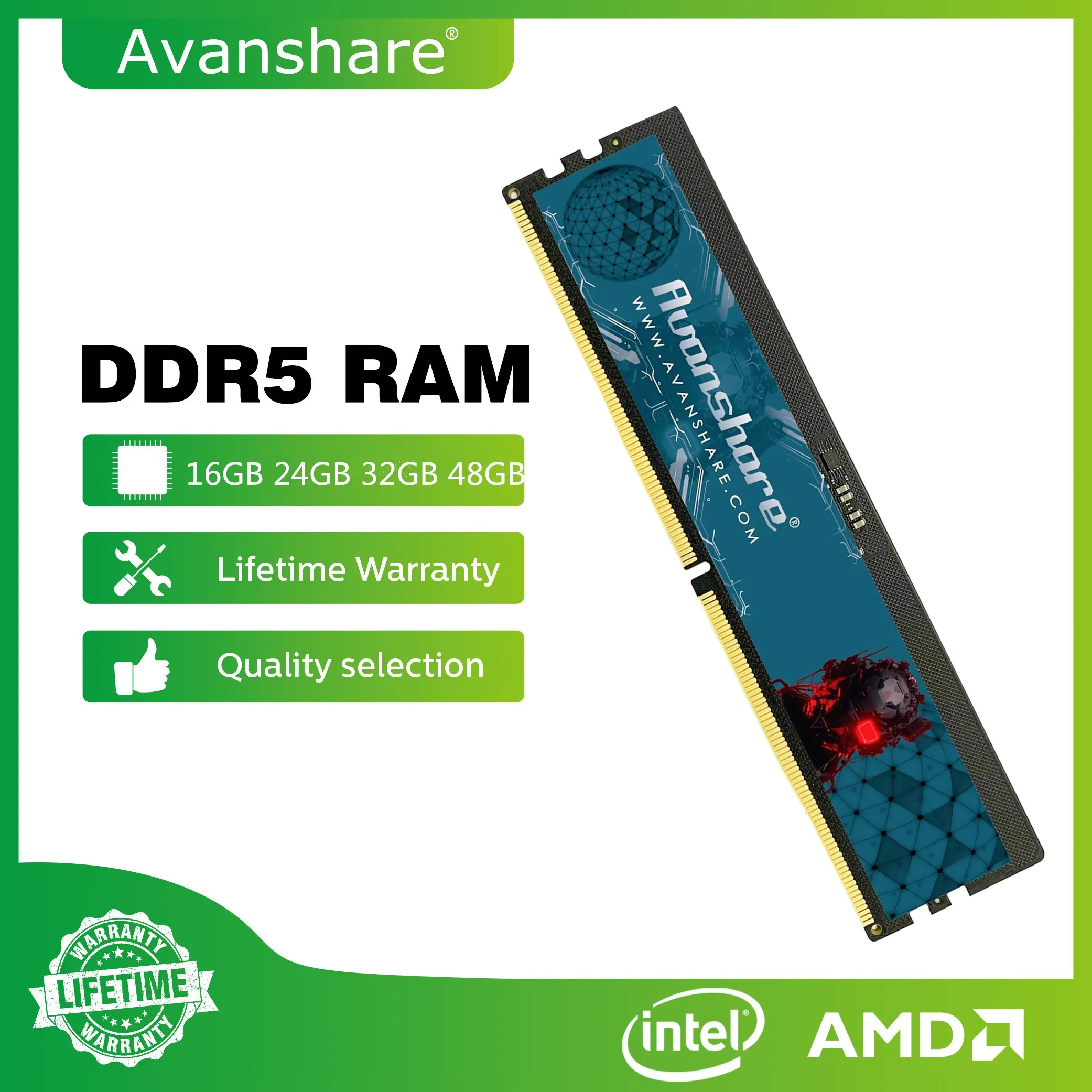 Memória Ram Avanshare DDR5 32GB 16GB 8GB 4800MHz 5600MHz PC5 Desktop 1.1V UDIMM Memória Memória para placas-mãe PC Intel AMD Rams