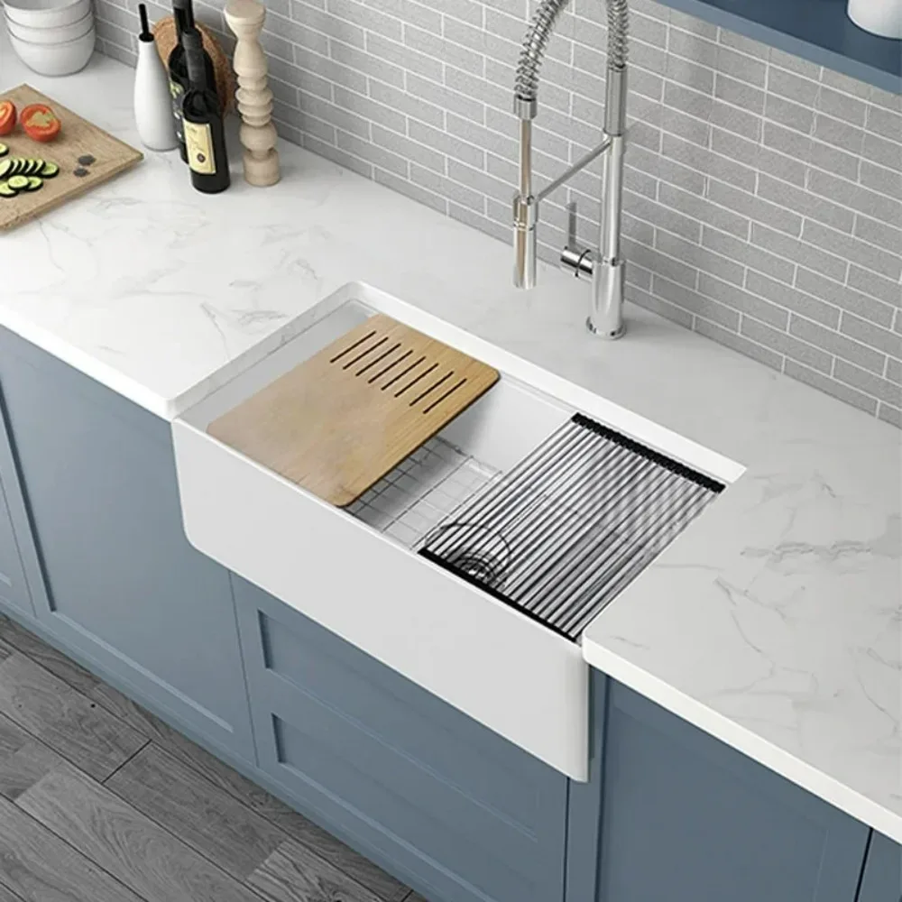 Factory Direct 2026 Nordic White 76/84 CM Single/Doubble Bowl Kitchen Sink,Ceramic with Cutting Board, Strainer&Grid