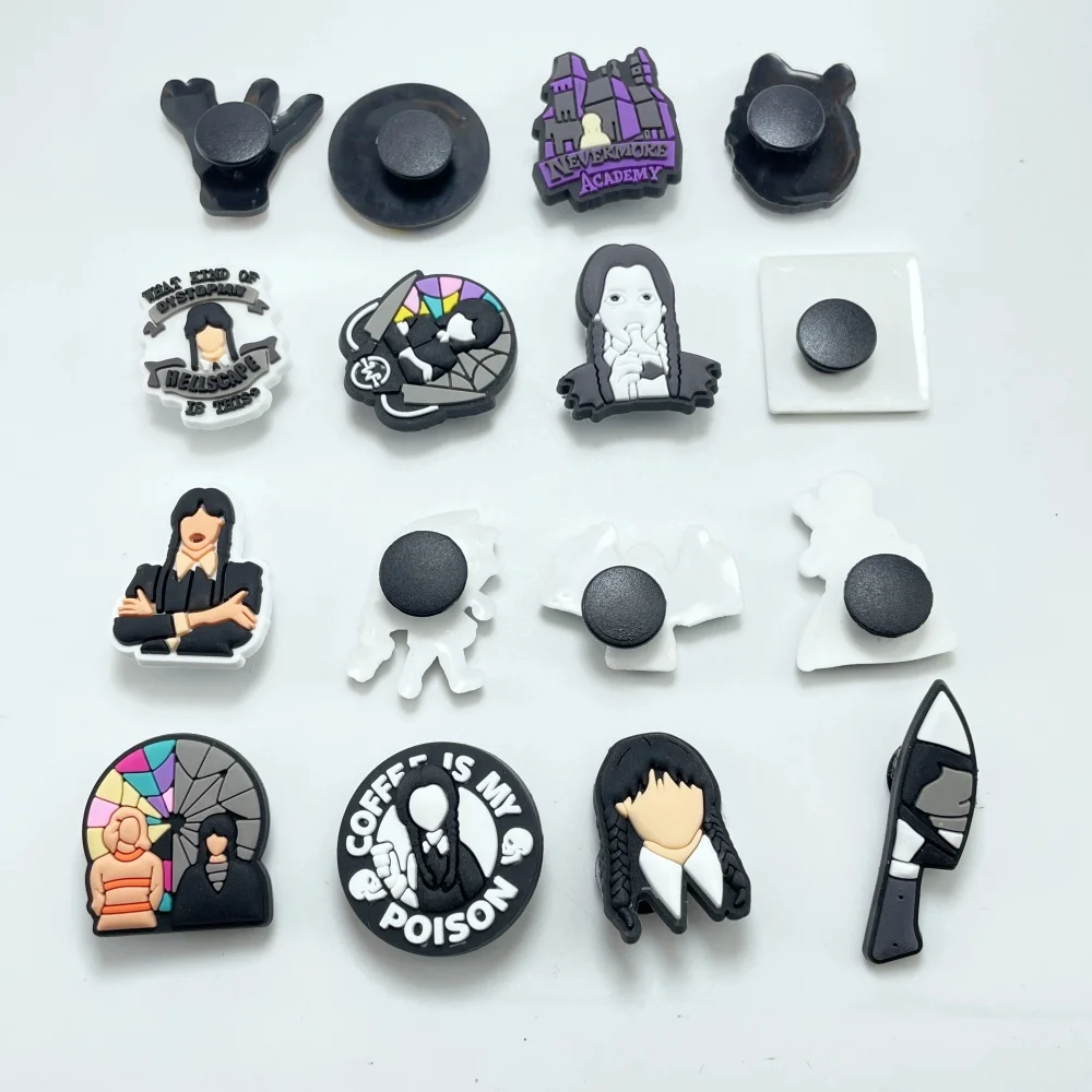 16Pcs Horror Movie Shoe Charms, Black Shoe Decoration Charms, Accessories For Shoes, Bracelet, Wristband, Party, Holiday