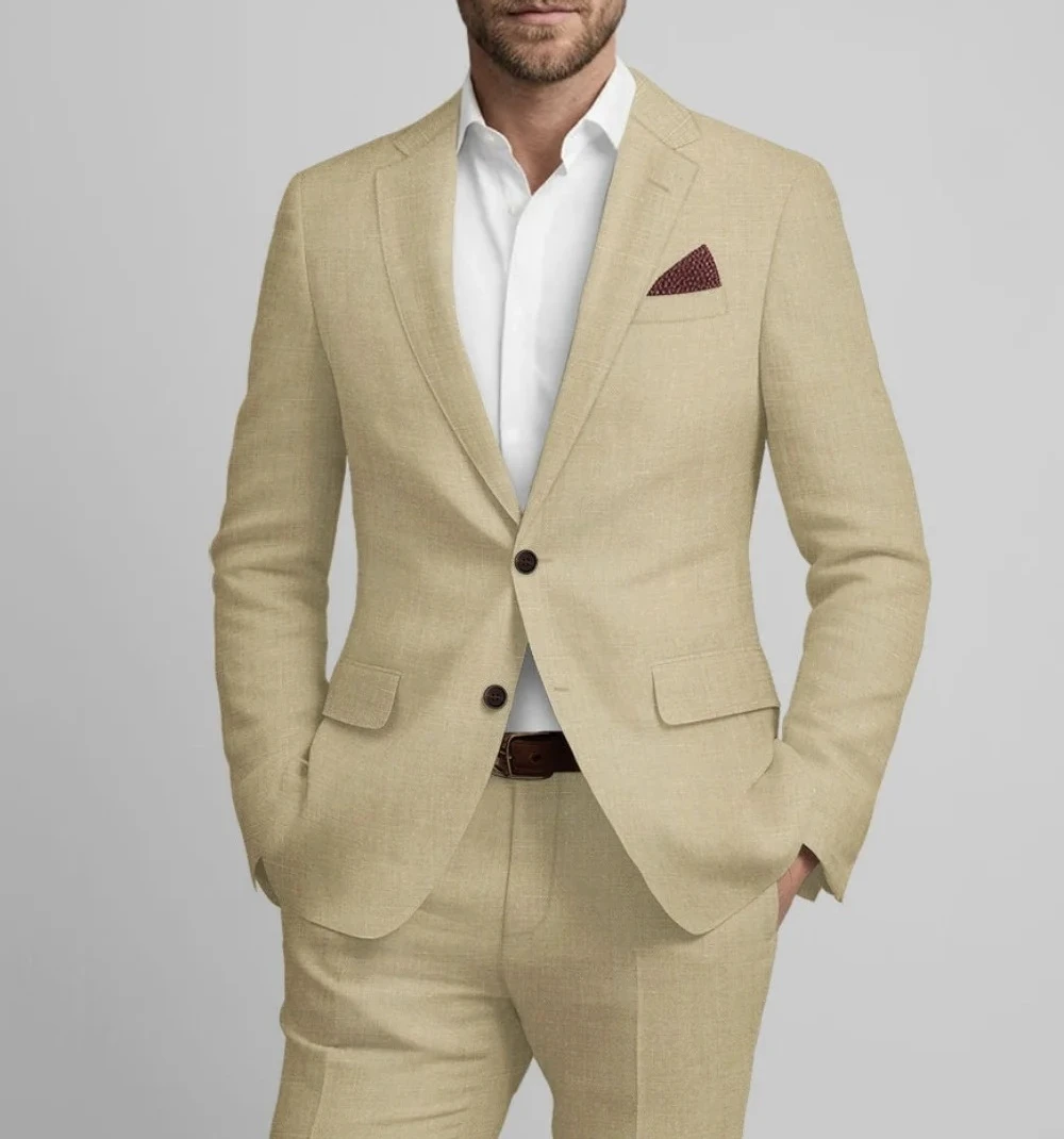 

Beige Linen Mens Formal 2Pcs Suit With Slim Cut Blazer And Matching Trousers Elegant Business And Wedding Attire For Men