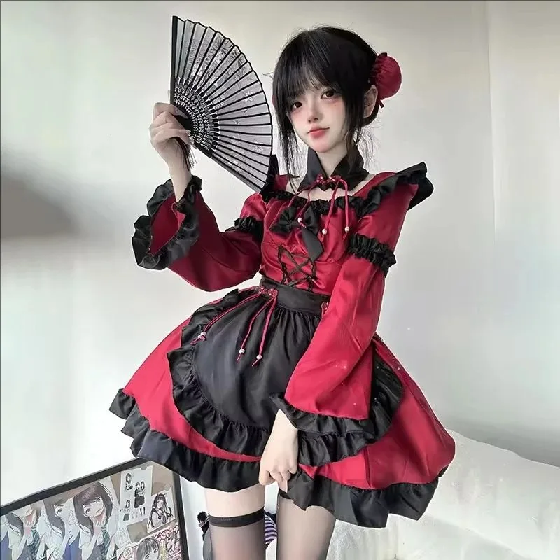

Halloween Gothic Lolita Maid Uniform Women Animation Show Party Waitress Chinese Cheongsam Role Play Dark Witch Dress 2025