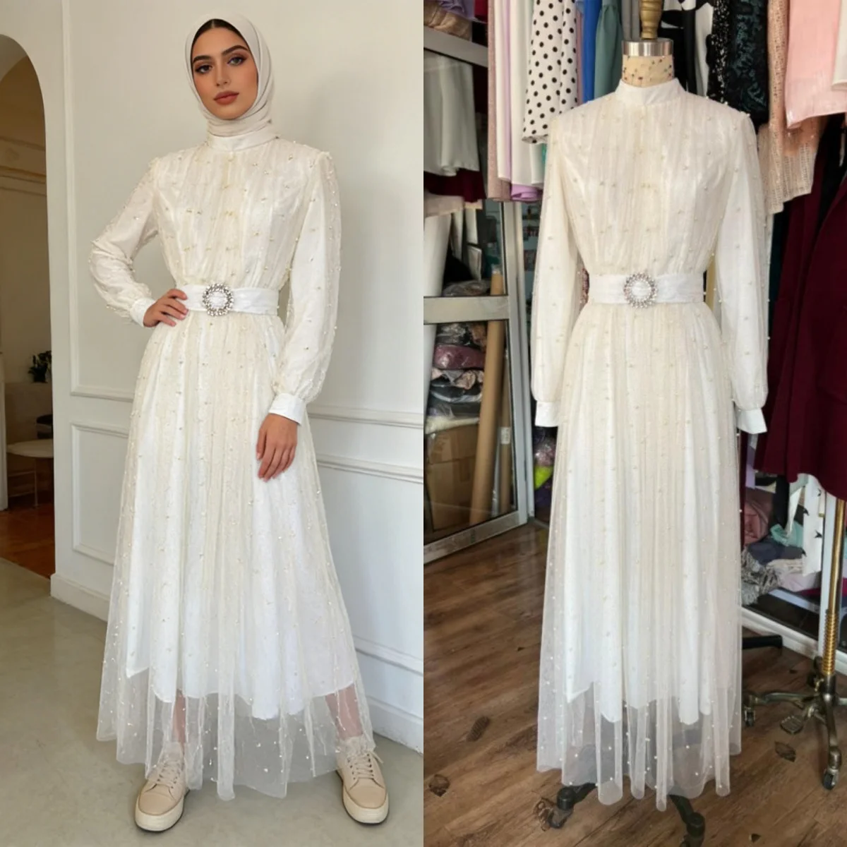 

Eid Dress Muslim Party Women Abaya Mesh Beading Vestidos Largos Kaftan Ramadan Vestidos Morocco Dubai Jalabiya Arab 2026
