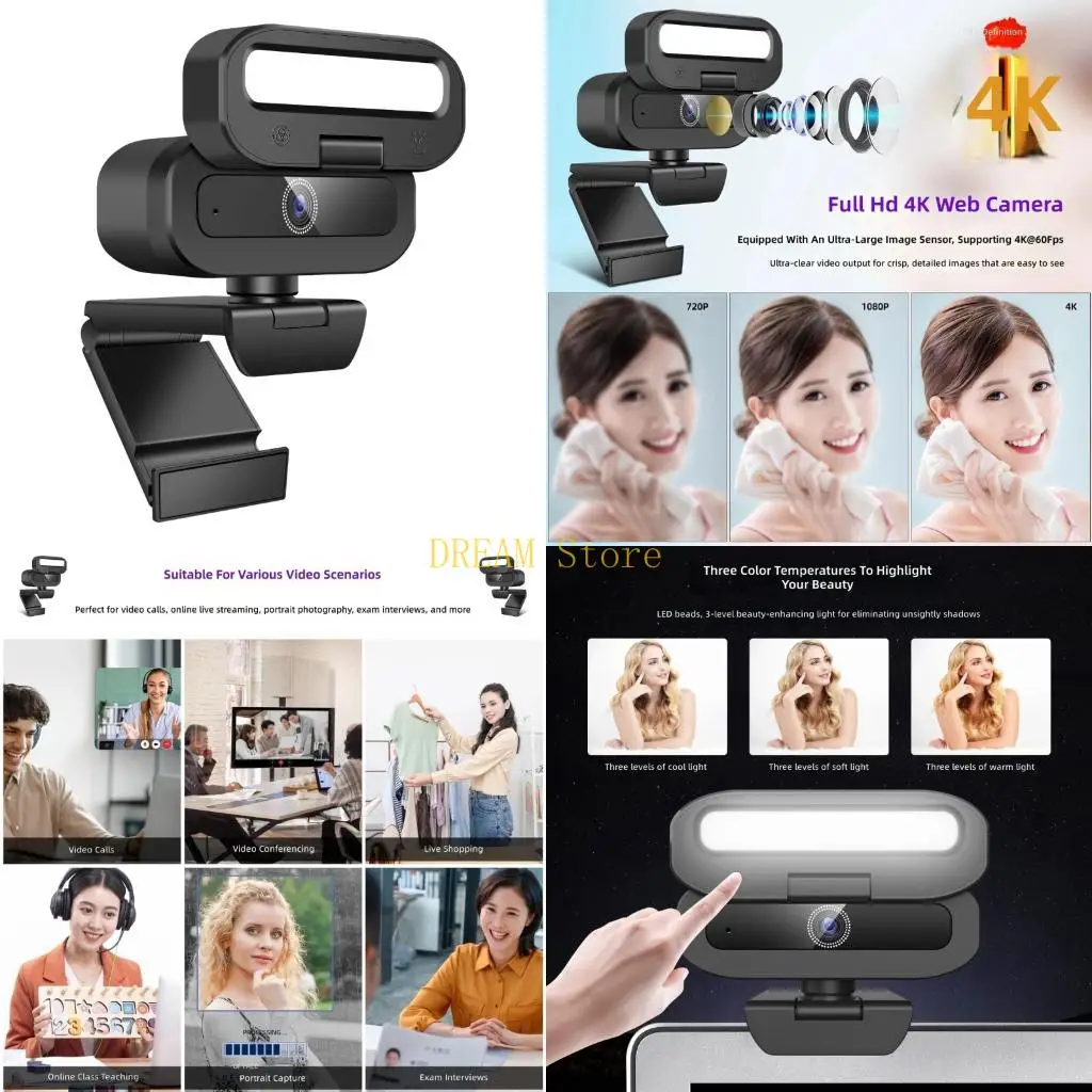 Screen Mount Computer Webcam with Light and Privacy Cover for Computer Camera Best Sale