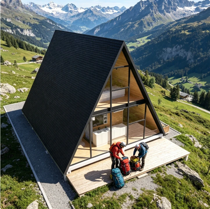 A-Frame Cabin Backyard Guest House Triangle House Modern Prefabricated Wood Villa Luxury Tiny Home for Family and Friends Stay