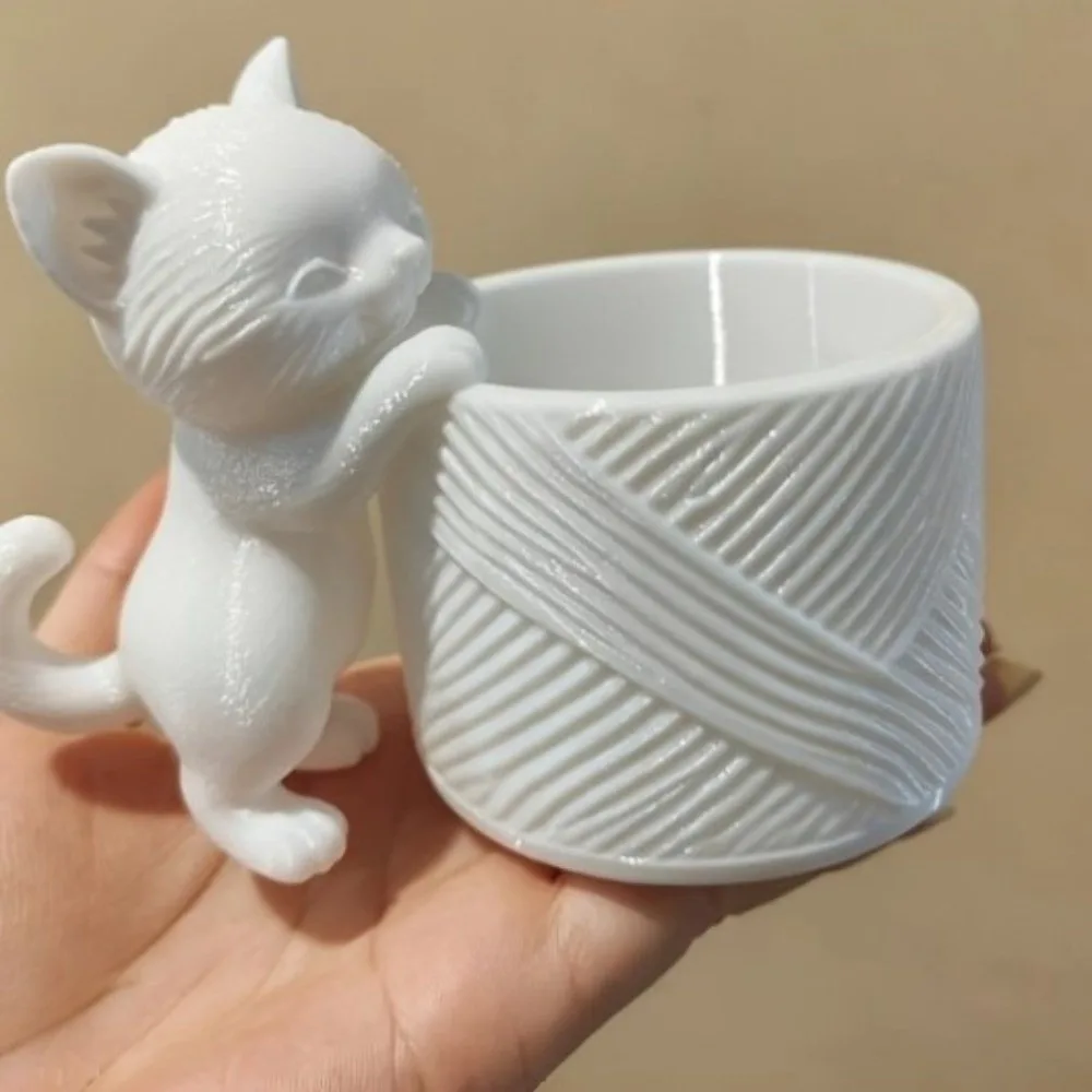 3D Printed Cat Shaped Pen Holder Lovely Irregular Desktop Storage Box Plastic Creative Succulent Plant Pot Office Decor