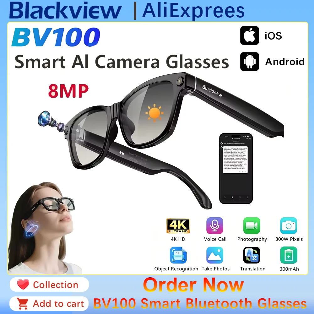 BV100 AI Smart glasses 800W Pixels 2K HD camera Bluetooth gafas inteligente Call Voice Assistant Translation Stereo Speakers&Mic