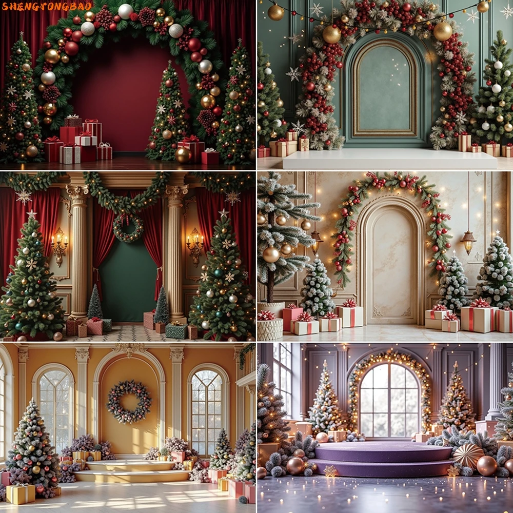 

Christmas Backgrounds Pine Balls Trees Arch Door Photo Backdrop Children's Photography Studio Photocall Accessories
