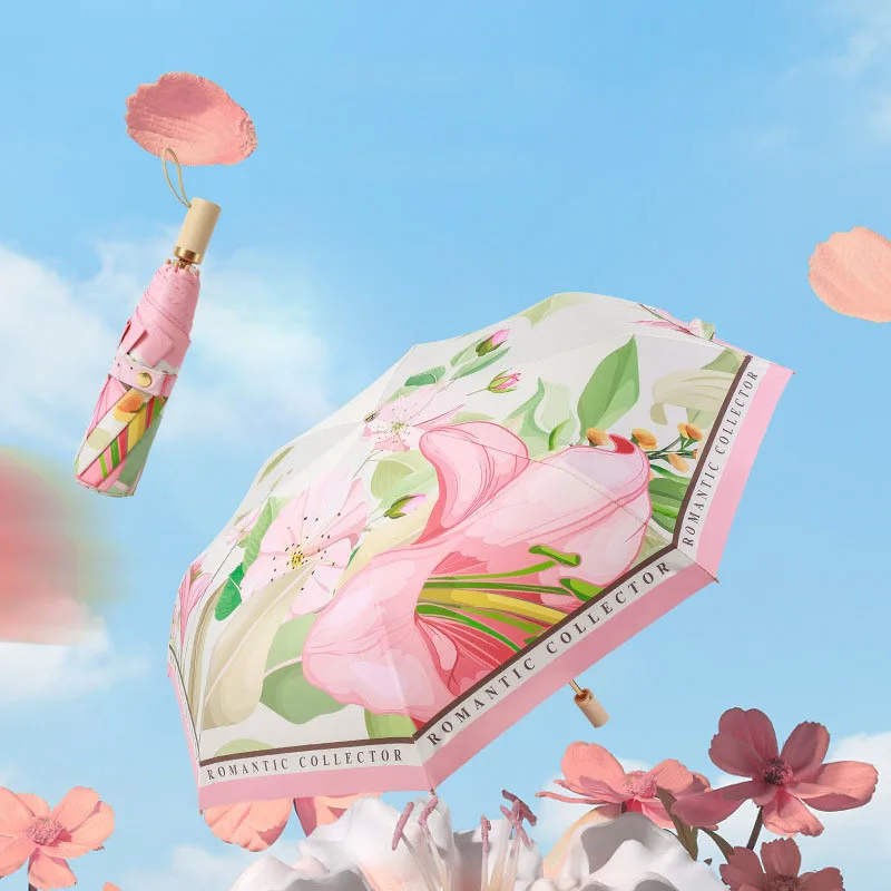 New 3-Folding 8 Ribs Sunproof Umbrella Manual Sunny And Rainy UV Windproof Flower Color Coating Umbrella For Women Sunshade