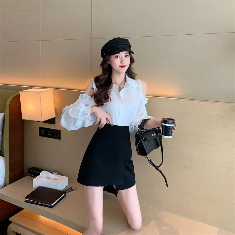 Women Shirts Solid Causal Simple Flare Sleeve All-match Korean Style Off Shoulder Chiffon Design Loose Button Elegant Simple