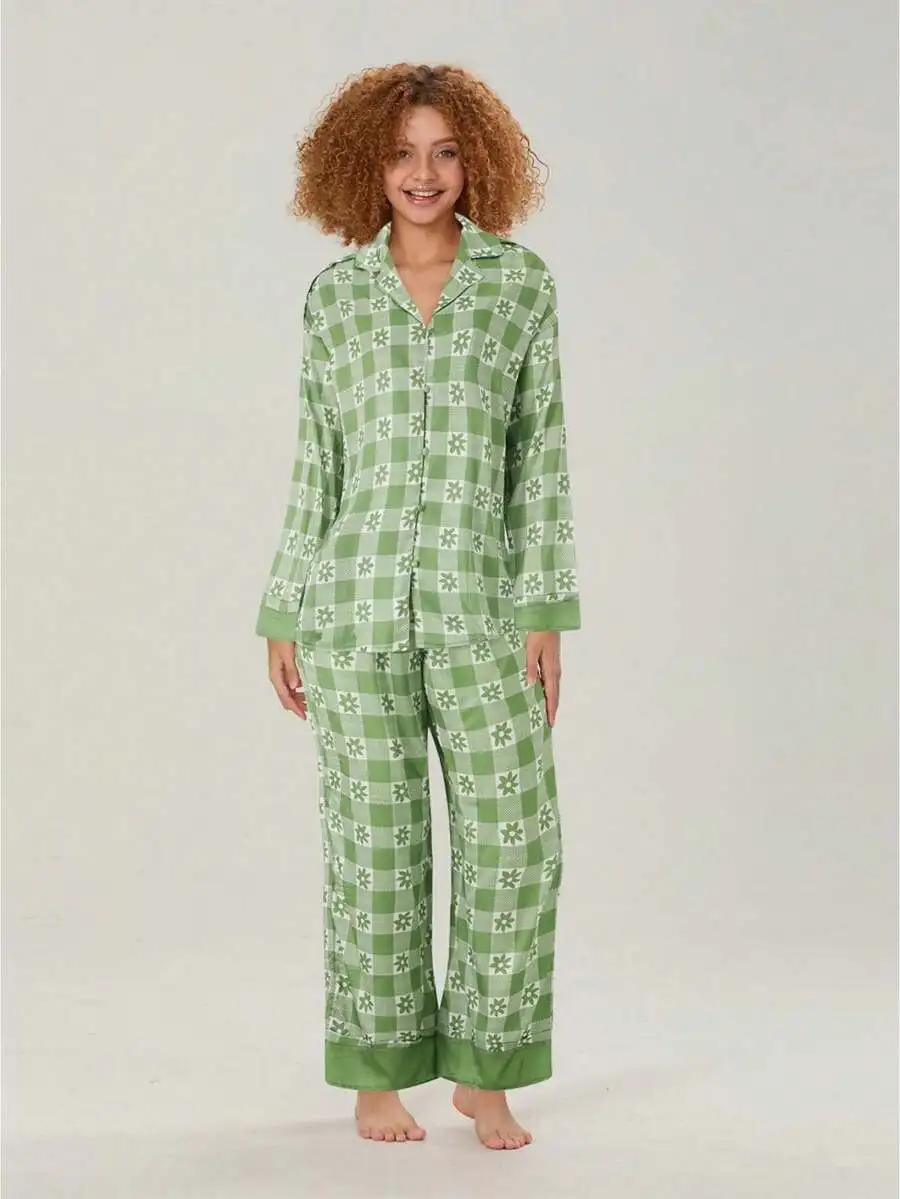 Women Floral Gingham Pajama Set Long Sleeve Button Up Shirt And Pants Sleepwear Loungewear