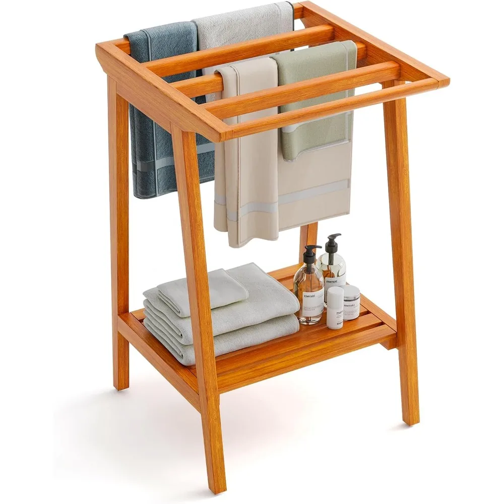 

Freestanding Teak Bathroom Towel Rack with 5 Bars and Storage Shelf for Shower and Clothing