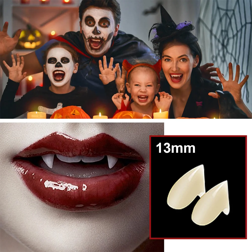 Juguetes de Cosplay de dientes de vampiro, accesorios de fiesta de Halloween, simulación falsa, resina compuesta para adultos y niños, 13mm