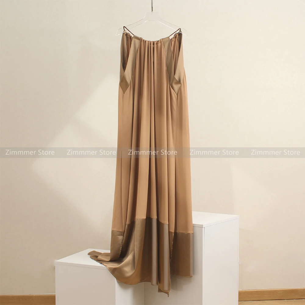 

Hanging neck dresses niche fashion new glossy satin hem splicing sexy strapless beaded drawstring halter dresses