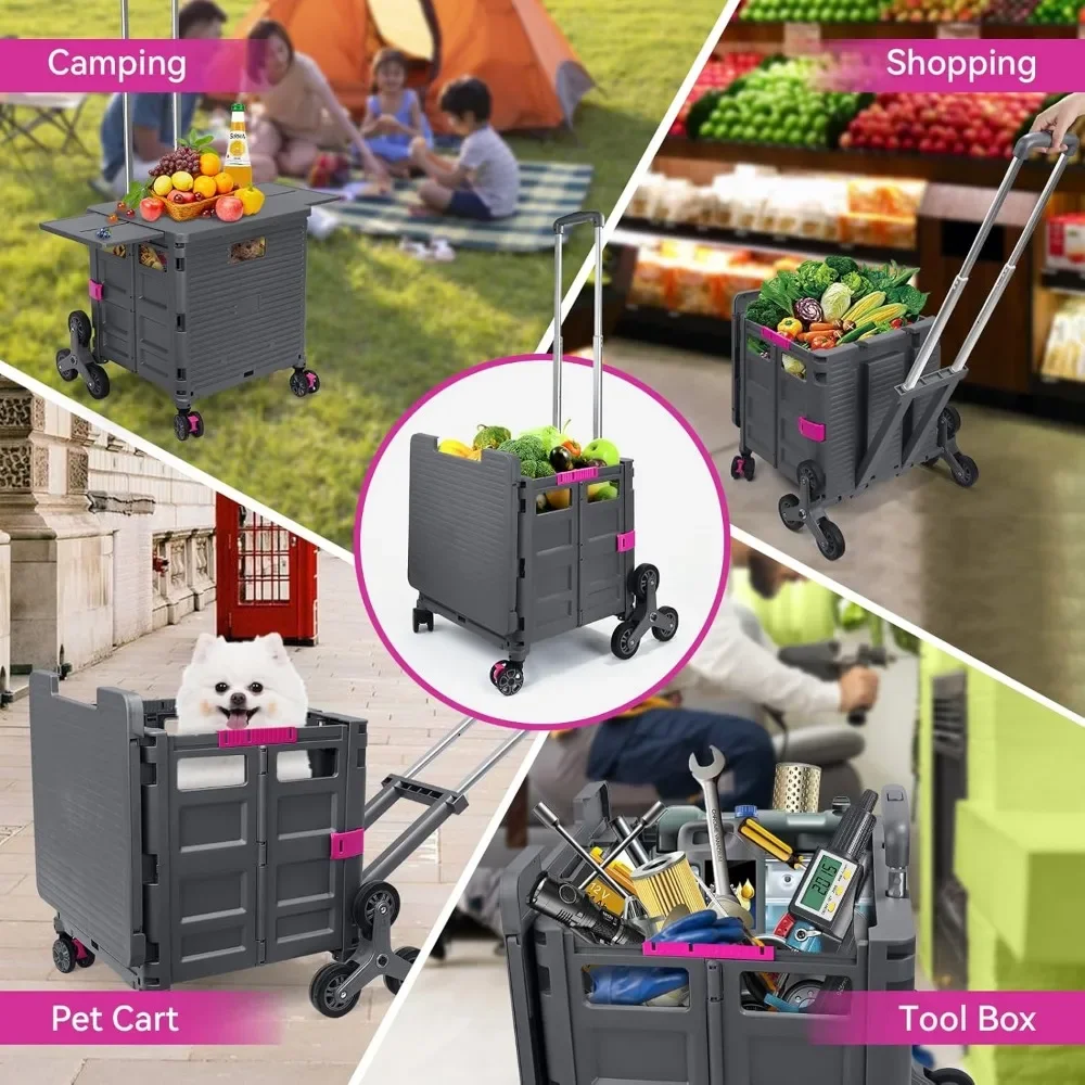 Foldable Utility Cart w/Stair Climbing Wheels, Collapsible Rolling Crate w/Magnetic Lid, Adjustable Telescoping Handle