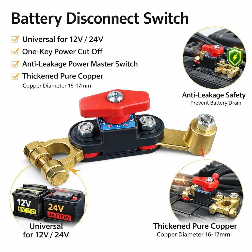 Car Battery Disconnect Switch 12–24V, Pure Copper Power Cut-Off, Anti-Leakage Isolator RV Battery Disconnect Switch Easy Install