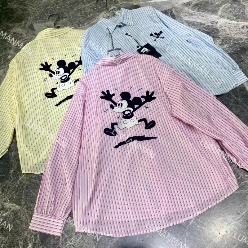 خريف جديد Y2k التلبيب قميص طويل الأكمام المرأة فضفاضة ورقيقة مخطط أعلى واحدة الصدر الوردي الأزرق اللون بلوزة غير رسمية السيدات