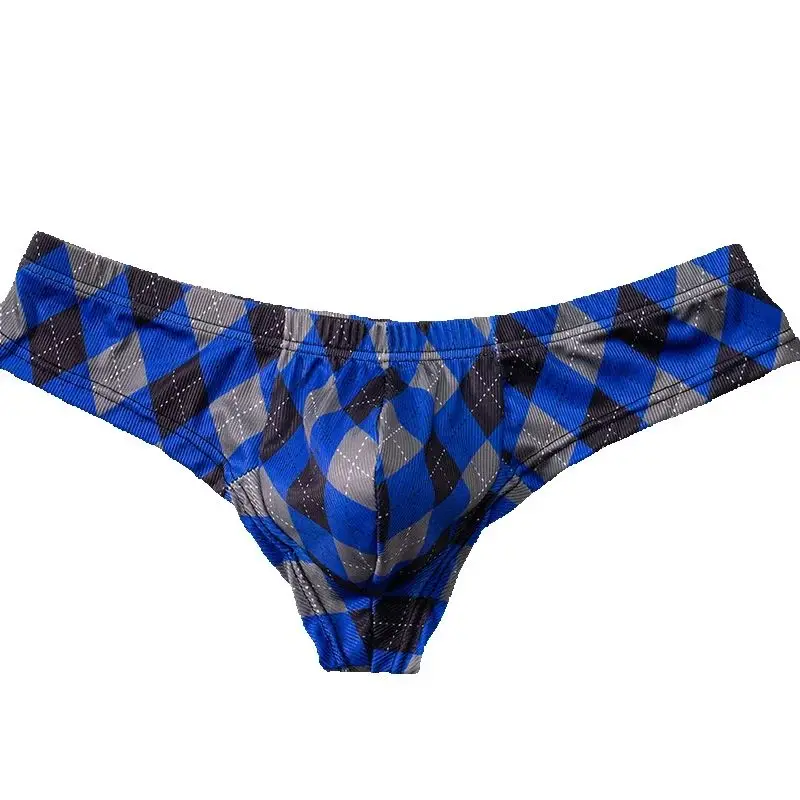 Underwear Men Plaid Printing Ice Silk Threaded Panties Low-Waist Panties Sexy Breathable U Convex Pouch Lingerie Underpants
