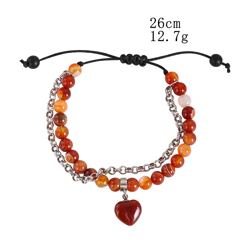 Natürliches Tigerauge-Armband mit rotem Achat-Liebesanhänger für Frauen, Edelsteinperlen, handgestrickte Edelstahlkette, gestapelte Armbänder – Detail 3
