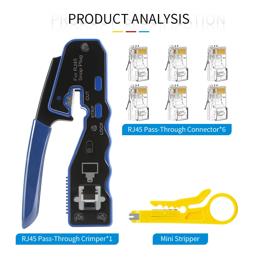 All-in-One RJ45 Crimping Tool, Pass Through Ethernet Stripper Cutter Compatible with Cat6 Cat5 8P8C Plugs
