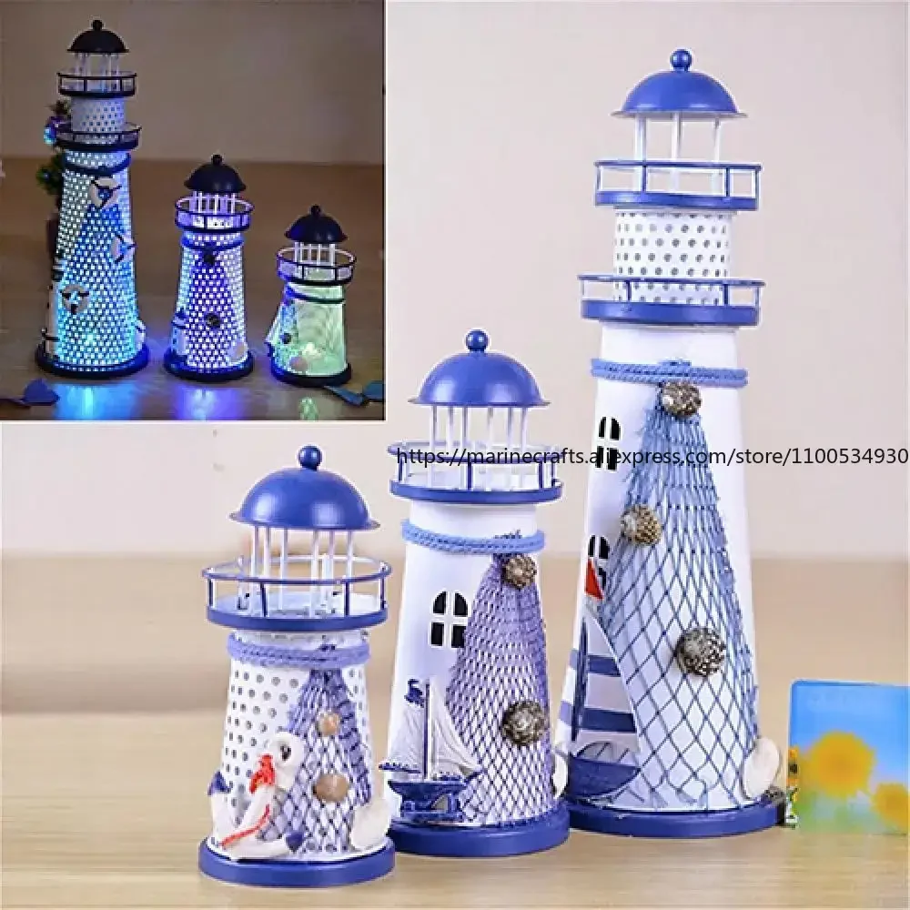 3 Sizes Mediterranean Style Home Decor Ocean Themed Iron Lighthouse Crafts Desk Home Room Office Decoration Accessories