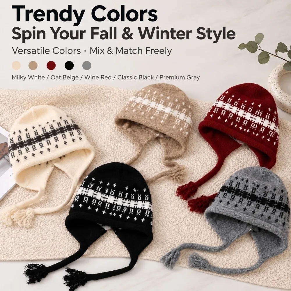 Durable Windproof Knit Hat Warm Knit Tassel Tie Tassel Beanie Vintage Pattern Stretch Fit Winter Hat Gift