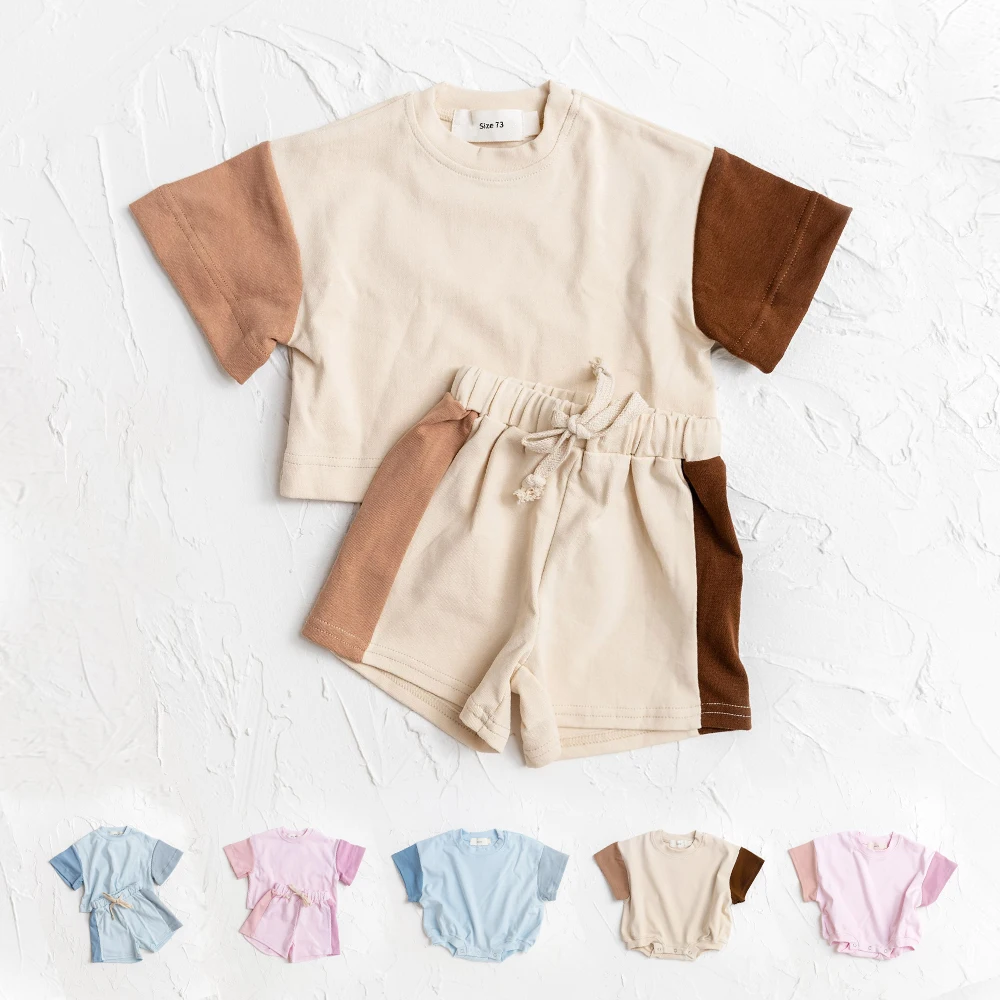 Solid Color Stitching Short Sleeve Top+Shorts Sets Summer Baby Boy Girl Outfits Children Tshirts Pants Suit Cotton Baby Clothes