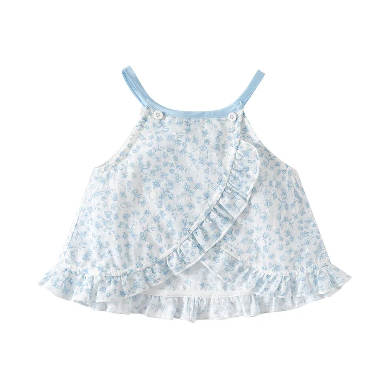 2Piece Sets Summer Infant Girl Clothes Korean Fashion Cute Flowers Sleeveless Blue Tops+Shorts Baby Stuff Newborn Items B003