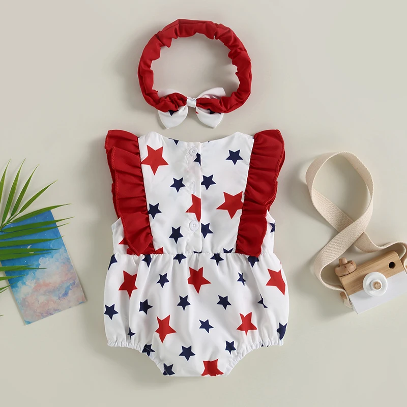 

Red White and Cute Adorable Patriotic Baby Girl Romper with Matching Headband for 4th of July Celebrations