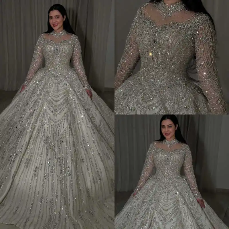 

Gorgeous Ball Gown Wedding Dresses Beaded Crystals Pearls Lace Bridal Gowns Big Size Vestidos De Novia Colour Customized