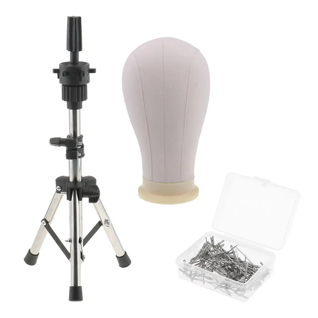 Block Head Head with Metal Adjustable Tripod Stand for Wigs Making with 100pcs 38MM T Pins