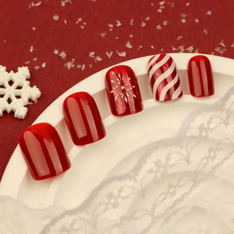 

24Pce Christmas Candy Press-On Nail Red Stripes with Snowflakes - Short Square Fake Nails Tips Perfect for Gifting To Women