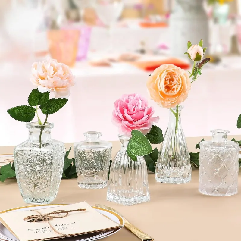 16PCS/SET Retro Relief Mini Glass Vase European Crystal Transparent Vase Elegant Decoration Small