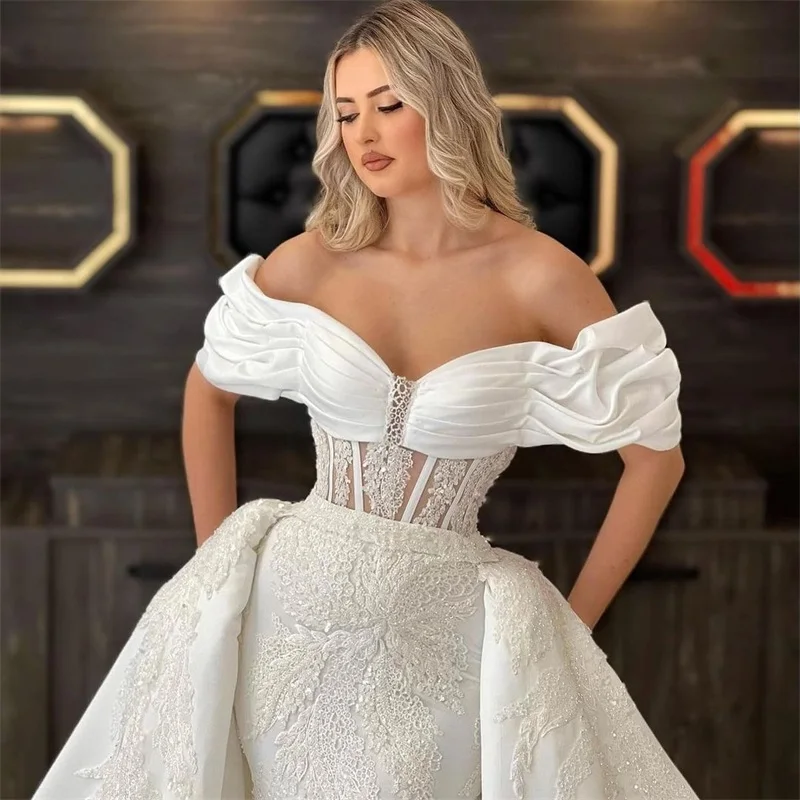 Elegante Vestido de novia de encaje de sirena con tren desmontable, hombros descubiertos, apliques, Vestido de novia hecho a medida