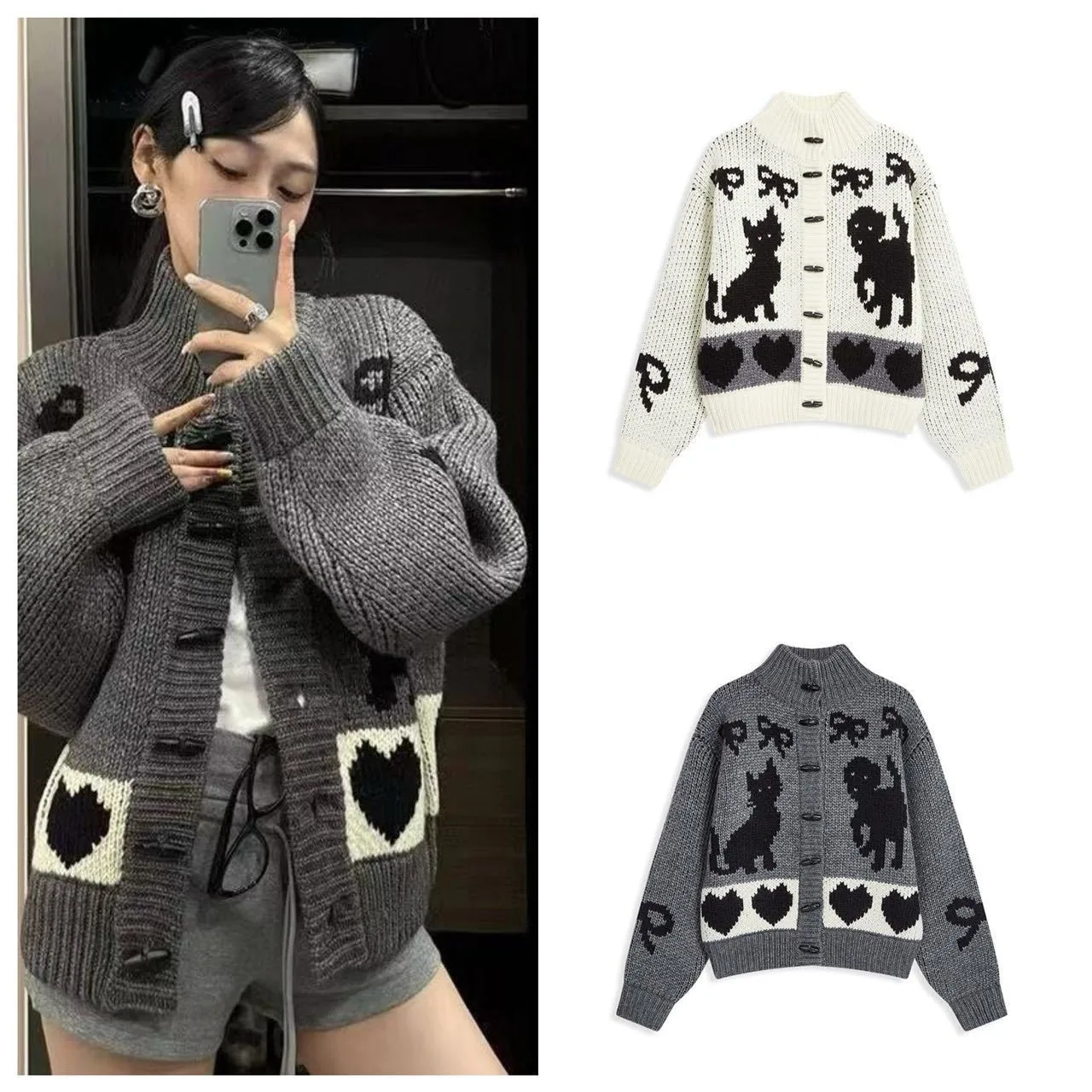 

Korea OPEN YY Sweater Knitted Cardigan Puppy Kitten Stand-up Collar Men and Women Style Couple Autumn and Winter Coat