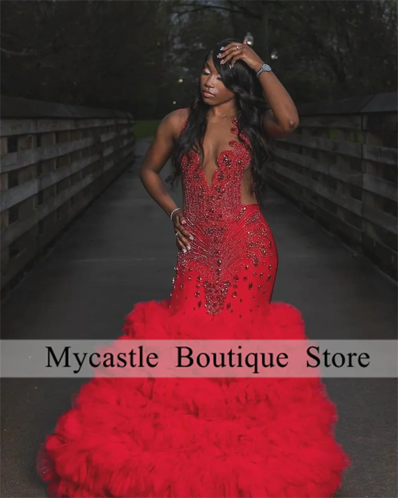 Red Diamonds Mermaid Prom Dresses 2026 For Black Girls Tulle Rhinestones Formal Occasion Gowns Wedding Party Dress Customized