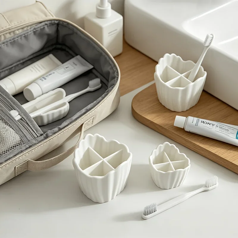 3D Printing Bowknot Shell Shaped Four Compartment Toothbrush Holder Bathroom Vanity Organizer for Toothpaste Makeup Storage