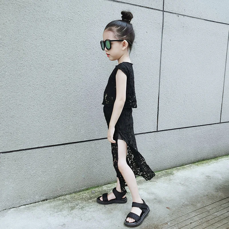 Black Baby Girls Lace Suit Sleeveless Vest Split Skirt Outfit Hollow Out Kids Clothing See Trough Mesh Streetwear 3 to 12 year