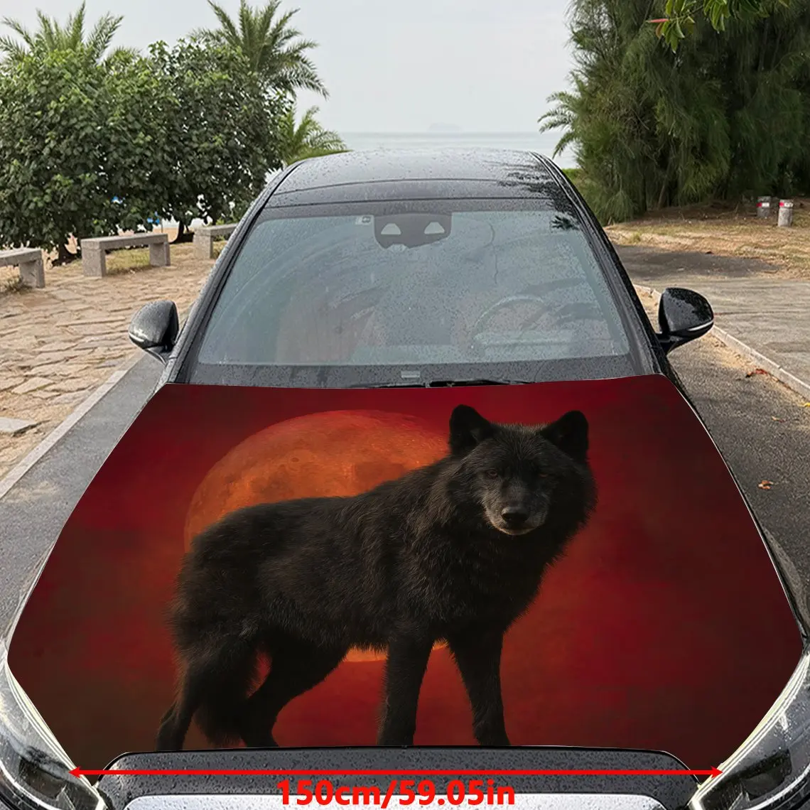 Car Decals Wolf with Sleek Black Fur, a Watchful Expression, and a Blood - Hued Backdrop Car Hood Sticker, Waterproof Self - Adh