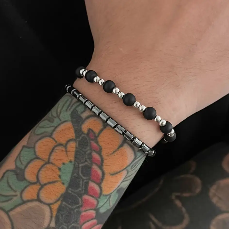 Salircon 2Pcs/set Trendy Creative Black Beads Bracelet Men Vintage Resilient Silver Color Hand Bangles Party Jewelry Gifts New